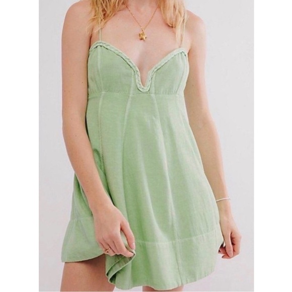 Free People Dresses & Skirts - Free People Altura Printed Mini Dress Sage Green Summer Spring Dress Linen Large